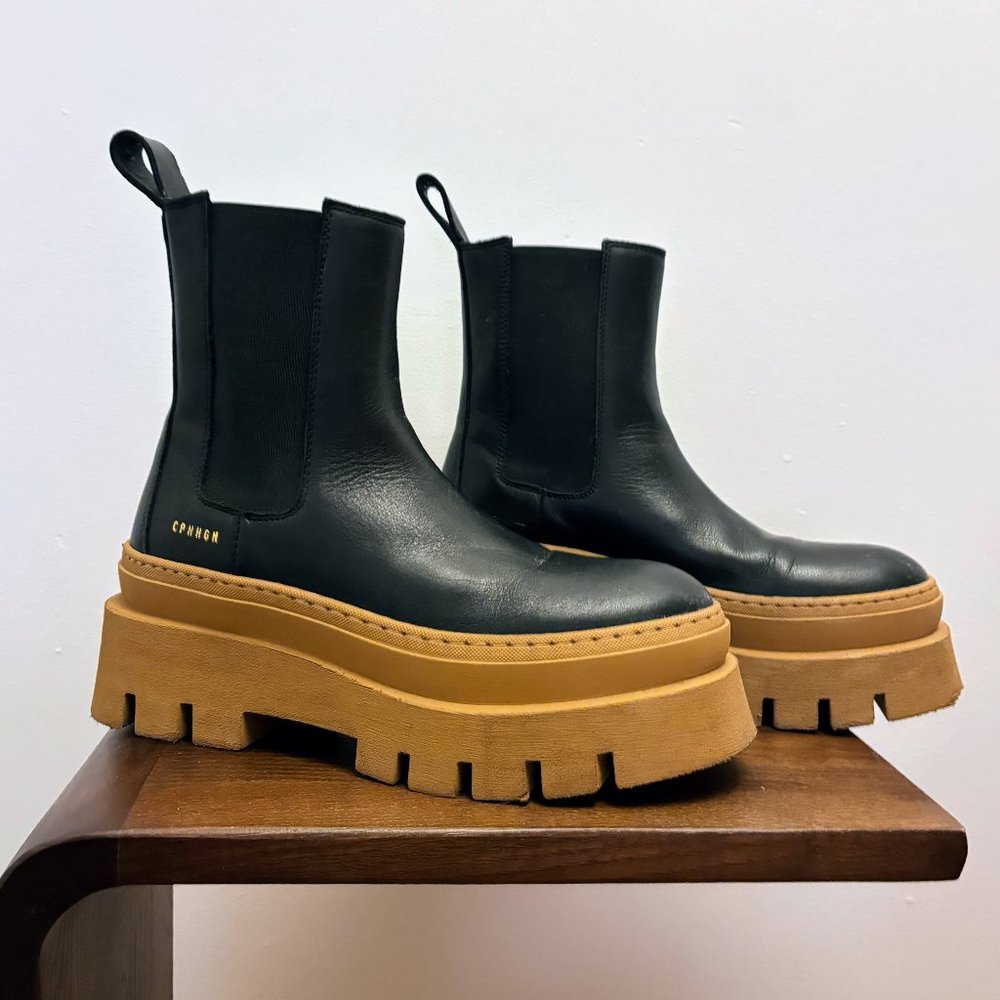 Chunky Black Ankle Boots with Tan Soles